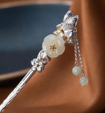 White Jade Carved Flower Hairpin Inlaid Tassels Jade Beads Pendant Hairpin