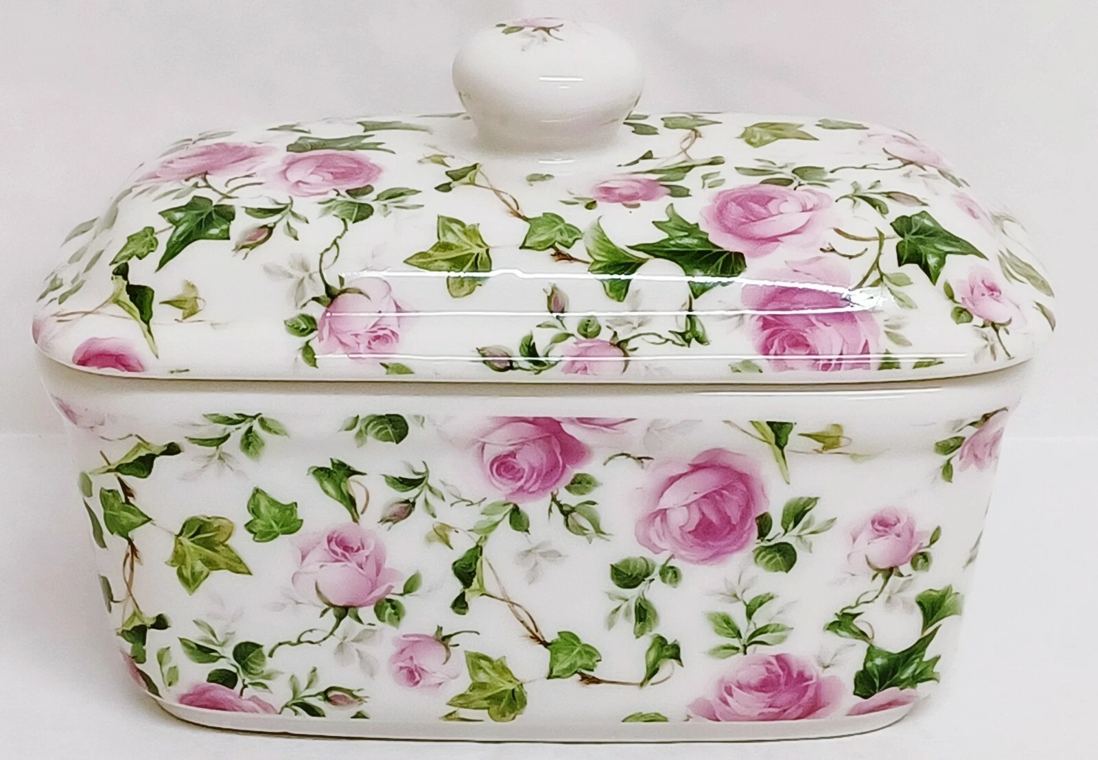 Ivy Rose Butter Dish Bone China Floral Pink Roses Lidded Container Decorated UK