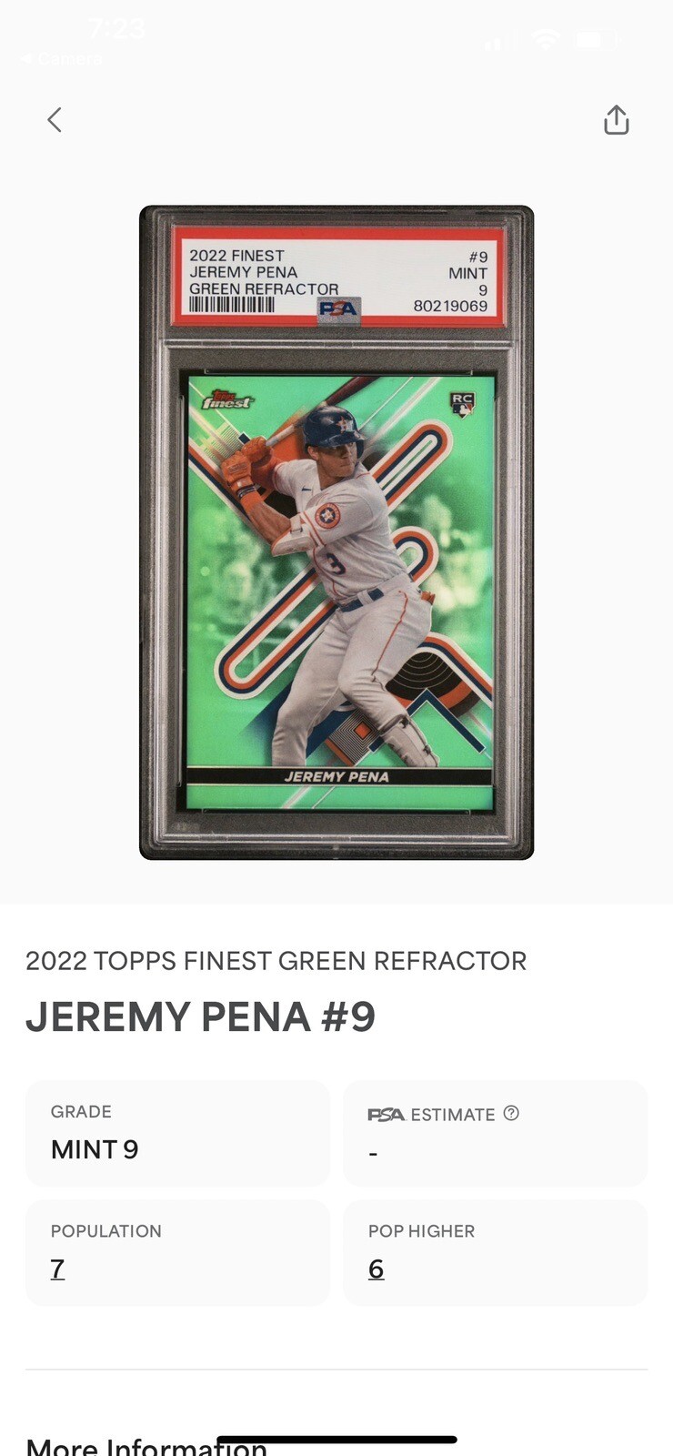 2022 Finest Jeremy Peña Rookie Green Refractor /99 Astros #9 Low Pop PSA 9 💎🔥 view 3