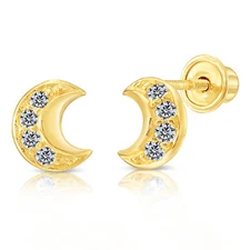 10K Real Solid Yellow Gold Crescent Moon CZ Sleeper Studs Earrings Screw-back