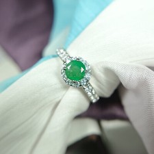 Natural Zambian Emerald Ring 925 Sterling Silver With Cubic Zirconia Side Stones