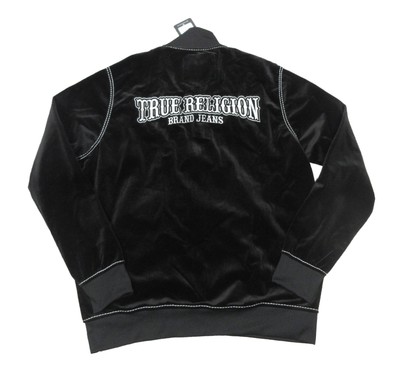 True Religion Men's Black Big T Velvet Mock-Neck Full Zip Bomber