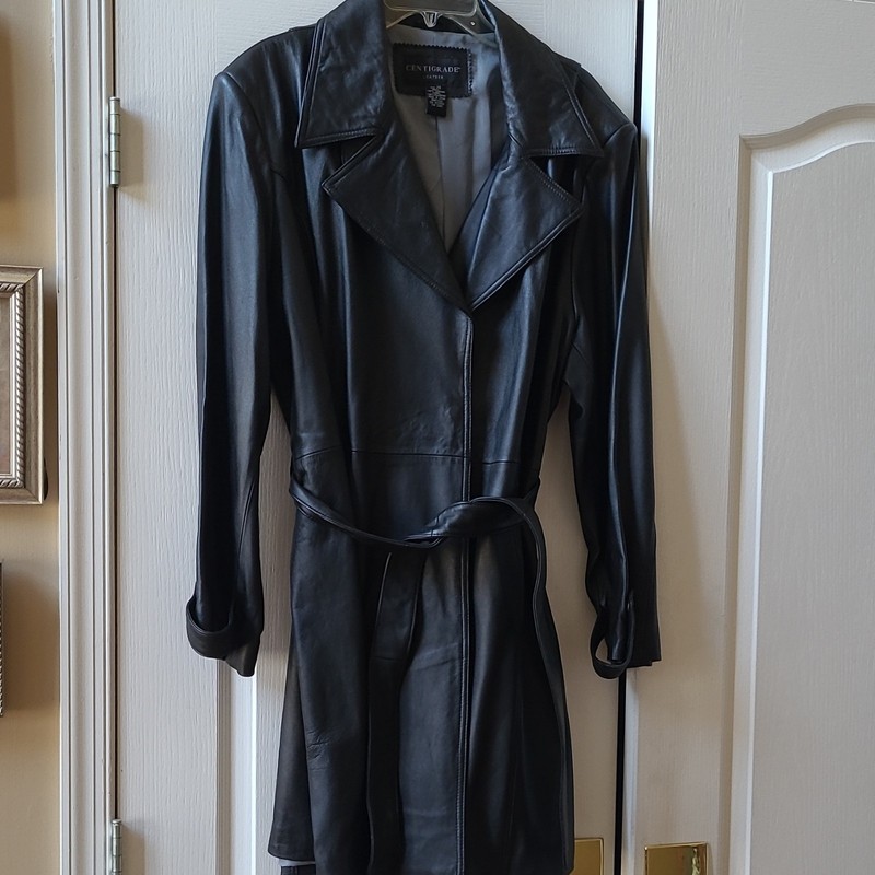 Centigrade Black Belted Leather Collared Mid-Length Trench Coat for Women