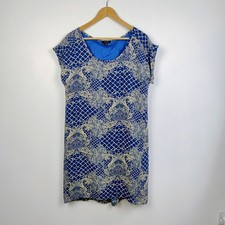 New Cover Royal Blue Beige Patterned Shift Dress UK 12 Geometric Cap Sleeve Mini