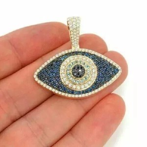 Authentic 3CT Round Cut Lab Created Sapphire Men's Evil Eye Pendant 14K White Gold Plated