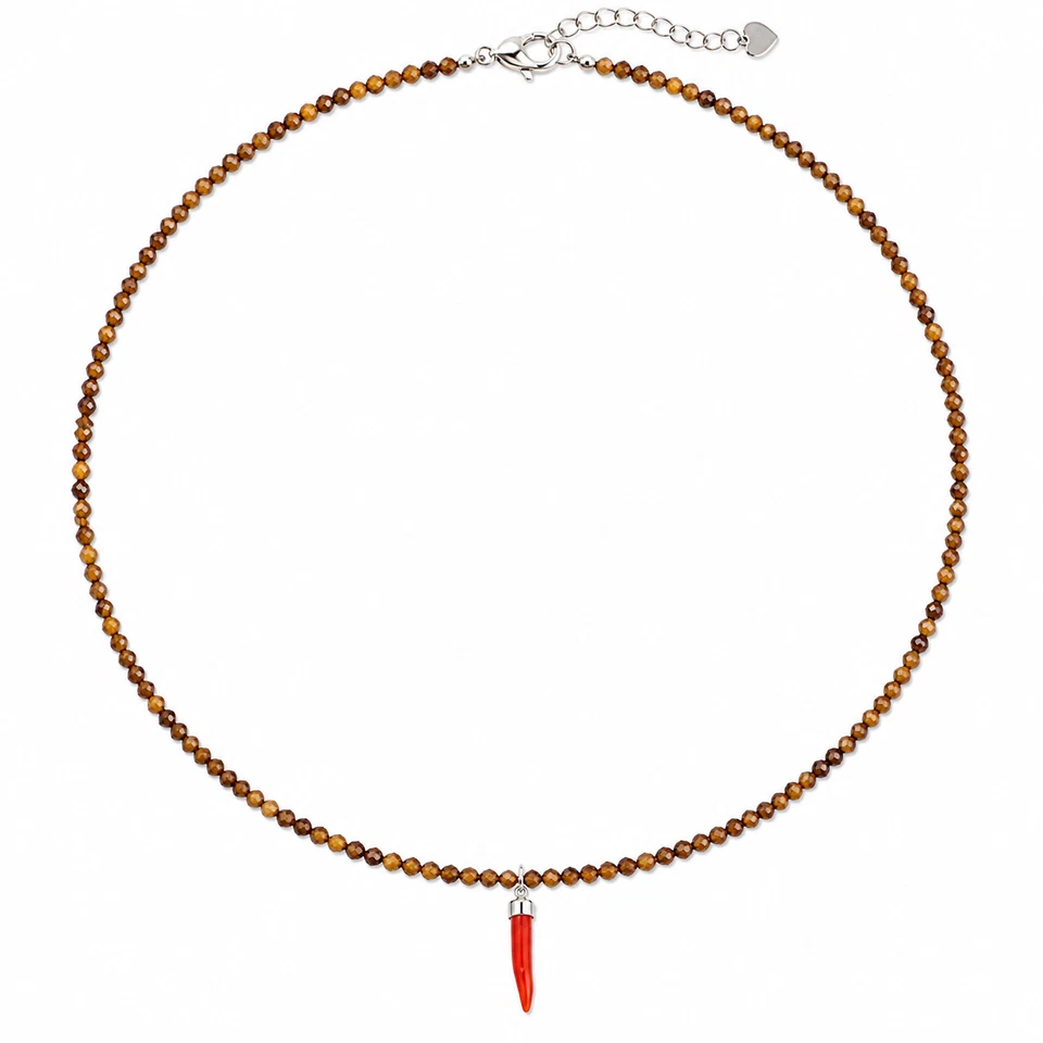 Collier avec cristaux d'oeil de tigre corne de corail et fermeture en acier - Photo 1/1