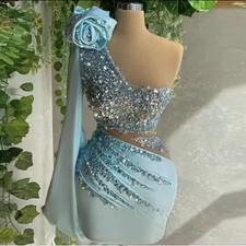 Light Sky Blue Short Cocktail Dresses Sequined Beaded One Shoulder Prom Gowns