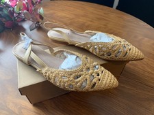CEREZA Braided Raffia Ballet Flats Slingback Sandals. Beige. C625. New w/Box.
