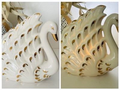 Vintage 1950s White Porcelain Swan Table Lamp Gold Gilt Mid Century UL