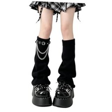 Y2K Harajuku Leg Warmers Set Knitted Long Boot Socks with Leg Chain 1000-black