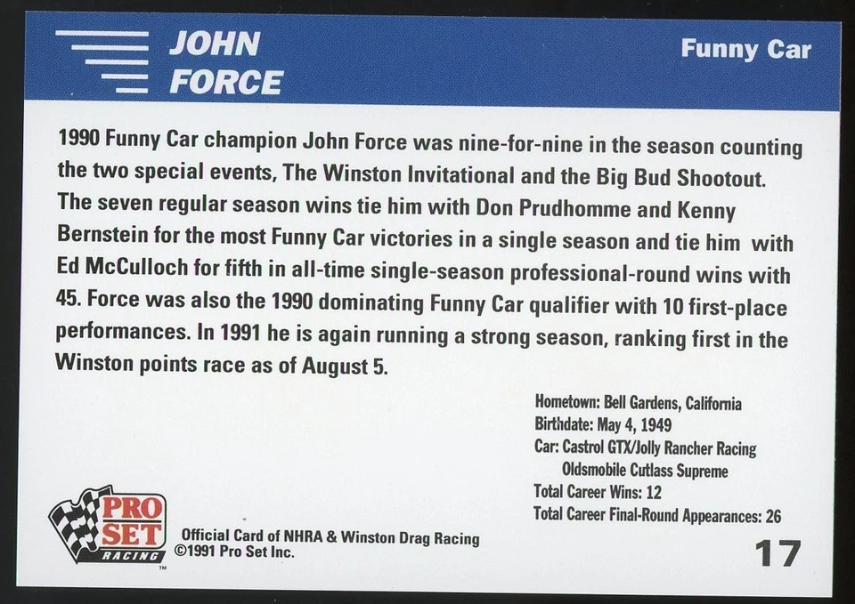 John Force 1991 Pro Set Racing #17 NHRA Rookie Card Funny Car RC - Image 2 of 2
