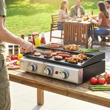 Outsunny Gasgrill 7,5 KW Tischgrill mit 3 Brenner Grillrost Warmhalterost