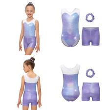 Kids Girls Dance Outfit Sparkle Leotard Mesh Gymnastics Shiny Athletic Hairband