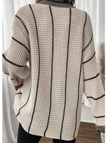Anna-Kaci Women's Long Sleeve Waffle Knit Striped Sweater with Off-Shoulder Detail