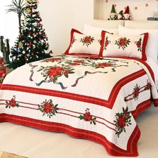 Queen Size Quilt Christmas Theme Bedding Set with Pillow Shams Reversible Red Fl