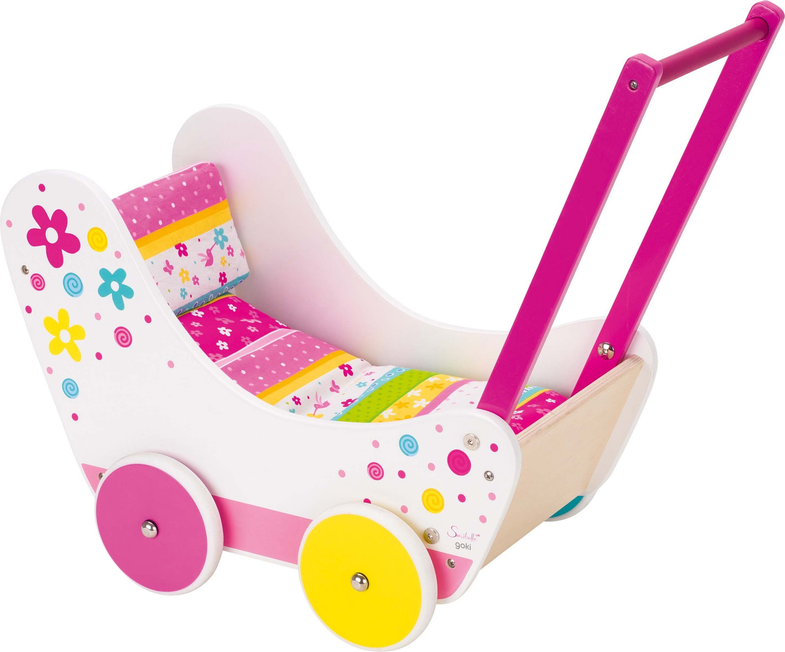 Poussette poupée bois stable anti-basculement 63x33x51 cm pour apprentissage 2 ans