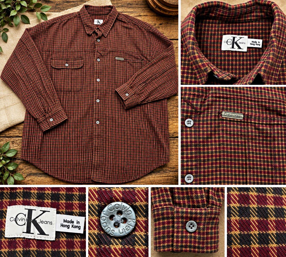 Calvin Klein Jeans, 90s Vintage Calvin Klein Jeans Plaid Button Up Shirt Burgundy Tan 100% Cotton