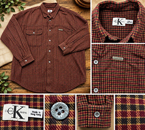 Calvin Klein Jeans, 90s Vintage Calvin Klein Jeans Plaid Button Up Shirt Burgundy Tan 100% Cotton