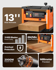 VEVOR 13-Inch Thickness Planer, 2000W Three-Blade Benchtop Woodworking Planer wi