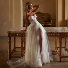 Tulle Boho Wedding Dress Appliques Lace Sexy Slit Elegant A Line Bridal Gowns