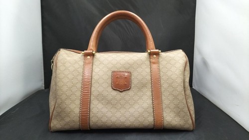 CELINE macadam Authentic Mini Boston Bag Handbag  Logo Brown Beige Zip Travel