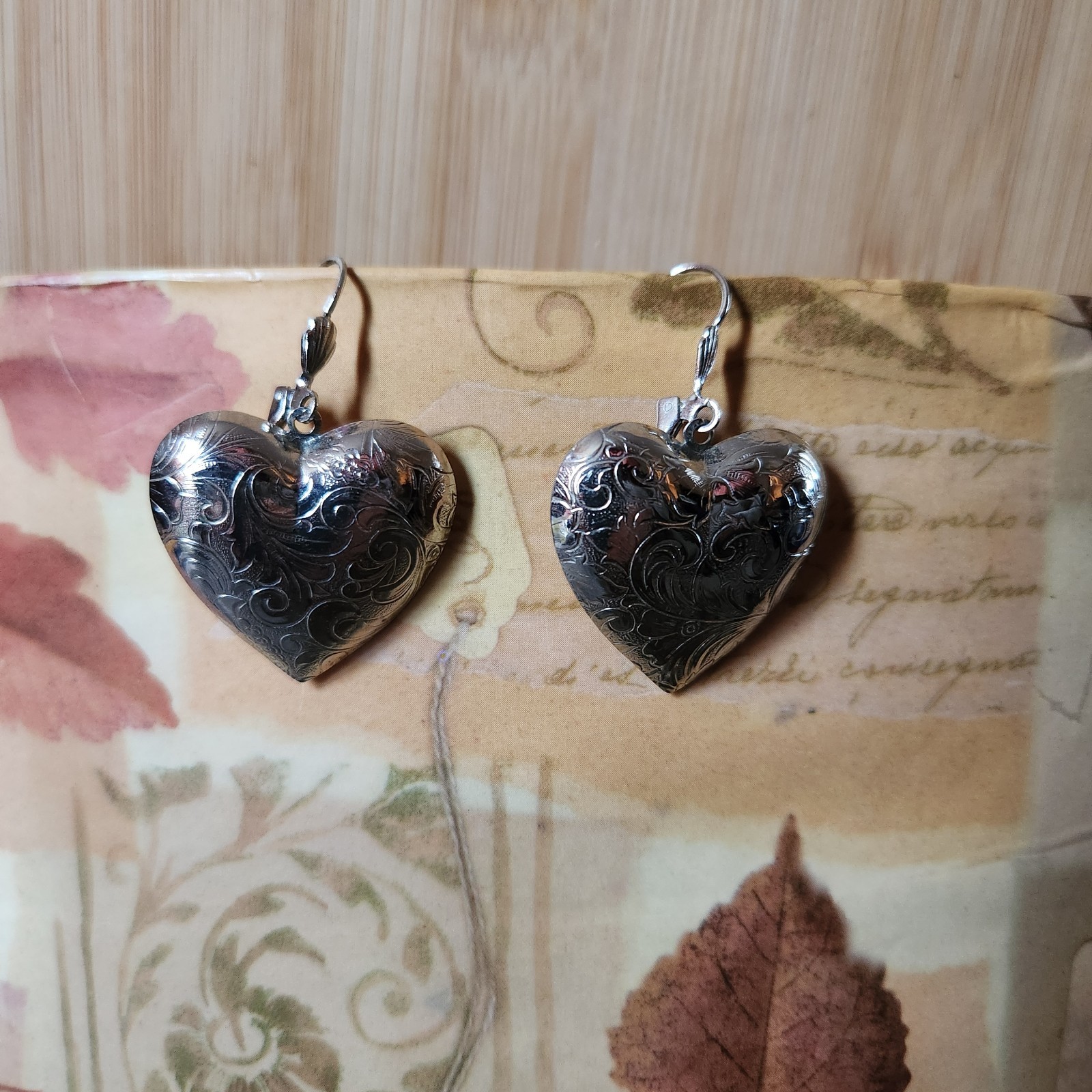 Classic Scrollwork Heart Earrings Silvertone Swir… - image 1