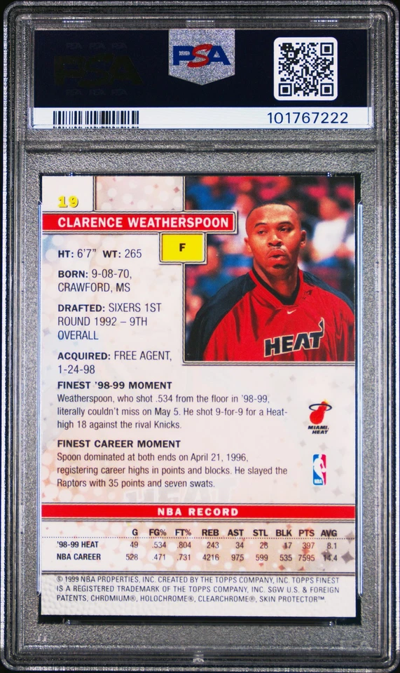 1999 TOPPS FINEST W/COATING #19 CLARENCE WEATHERSPOON PSA 10 - Image 2 of 2