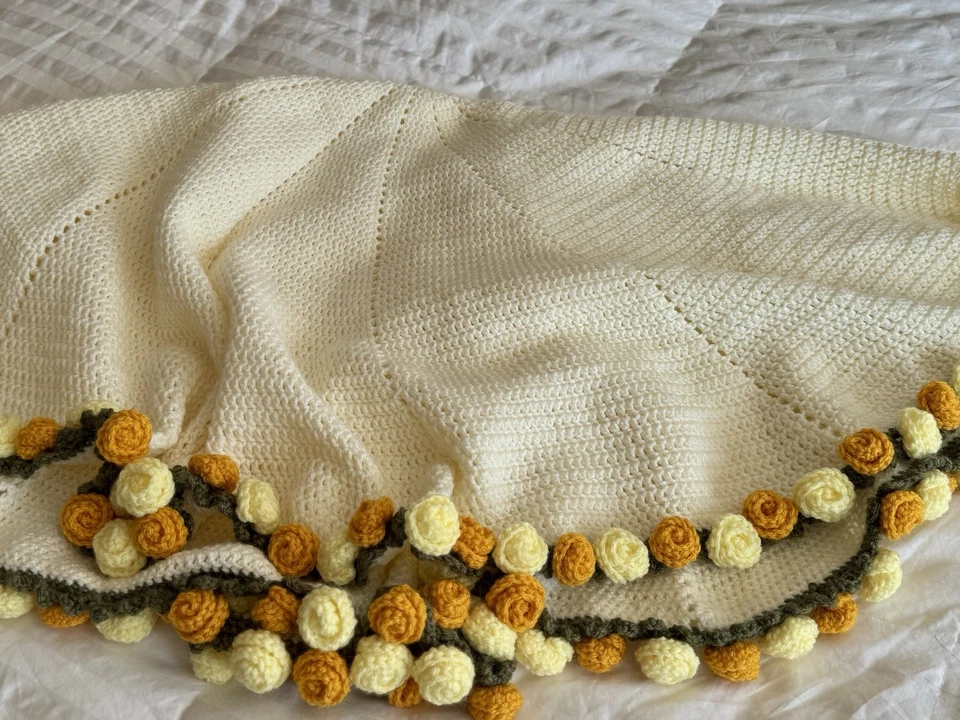 Manta Flor Crochet Mano 3D Tiro Afgano Amarillo Blanco Foto 4 de 4