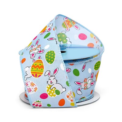 2.5'' Wide Easter Eggs & Bunnies on Blue Wired Ribbon - 10 Yards (566012505)