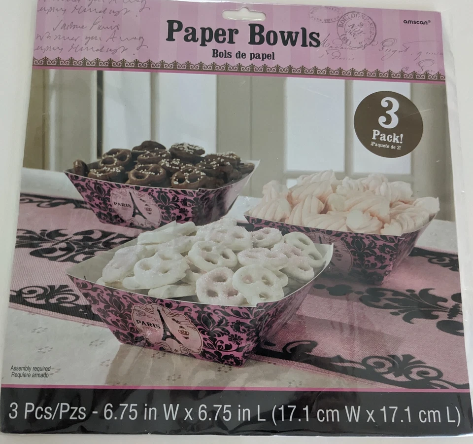 amscan PAPER BOWLS PARIS EIFFEL TOWER Theme Pink Black Graphics 3 Pieces NEW - Image 2 of 4