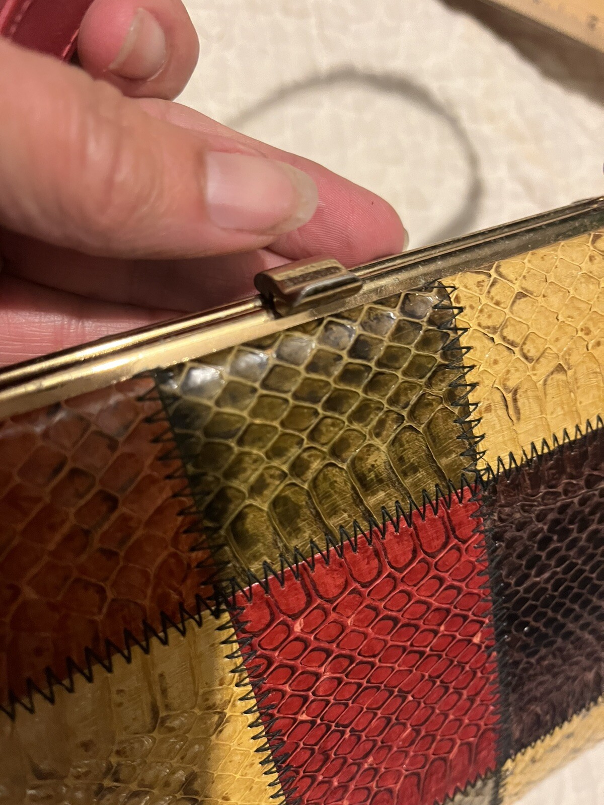 Colorful Patchwork Handbag with red strapHandle - image 10