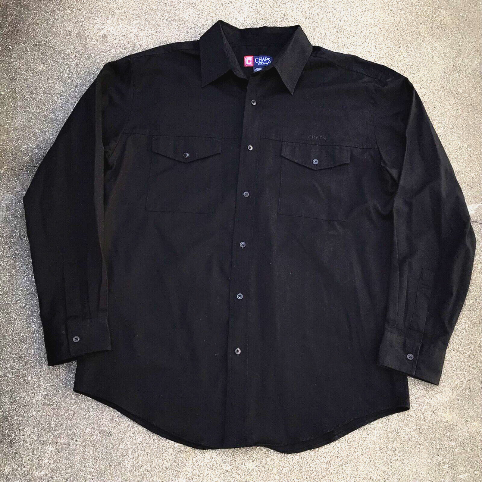 Chaps Button Up Shirt Solid Black Cotton Flap Poc… - image 1