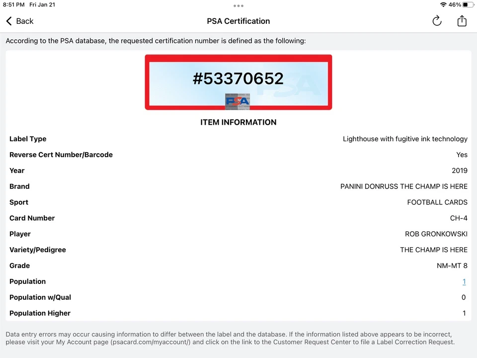 2019 Rob Gronkowski Panini Chronicles #CH-4 PSA 8 The Champ Is Here POP 1 - Image 3 of 3