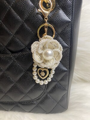 Camellia flower Key Ring Bag Charm Keychain Faux Pearl Ivory  display picture 1