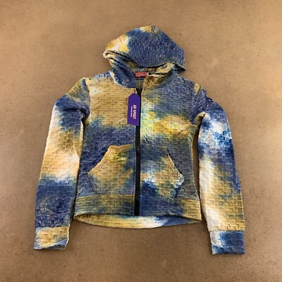 AQ Sport Juniors Medium Blue & Gold Tie Dye Textured Full Zip Hooded Jacket NWT