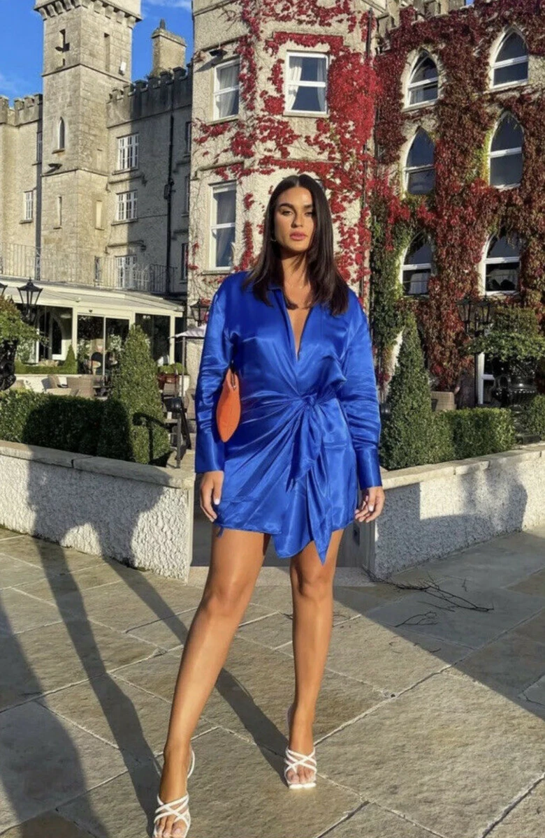 ZARA Cobalt Electric Blue Satin Effect Wrap Dress Bloggers Fave Size S Small