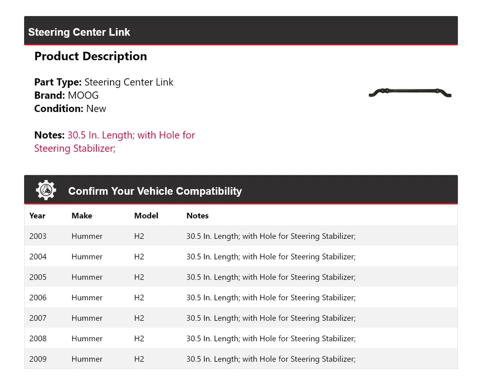Enlace central de dirección para Hummer H2 2003-2009 MOOG 2003 2004 2005 2006 2007 2008 Foto 2 de 4