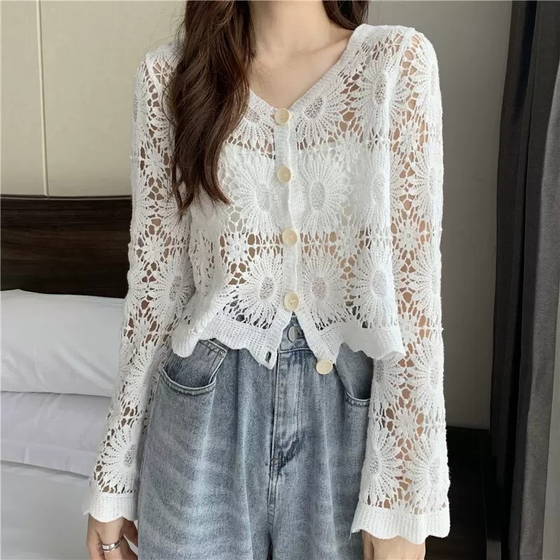 Women Crochet Lace Cardigan Shirt V-neck Hollow Knitted Crop Women Crochet Lace Cardigan Shirt V-neck Hollow Knitted Crop