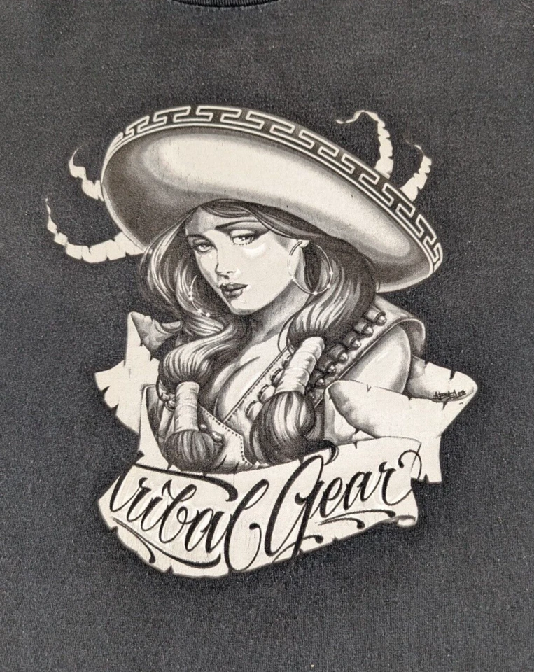 Camiseta De Colección Tribal Grande Negra Gráfica Ropa de Calle Mexicana Gran Desvanecimiento Foto 4 de 4