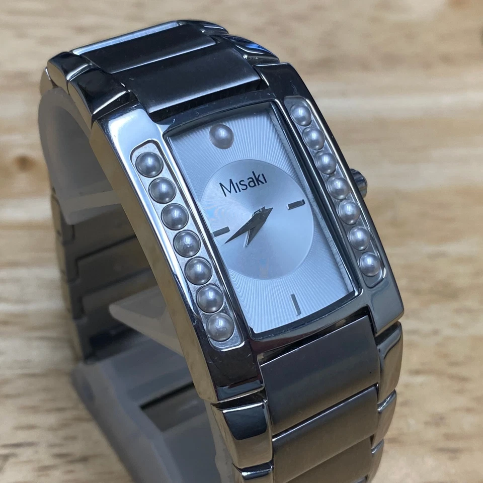 Reloj de cuarzo analógico rectangular de acero plateado perlas imitación 30 m Misaki para hombre ~ batería nueva Foto 3 de 4