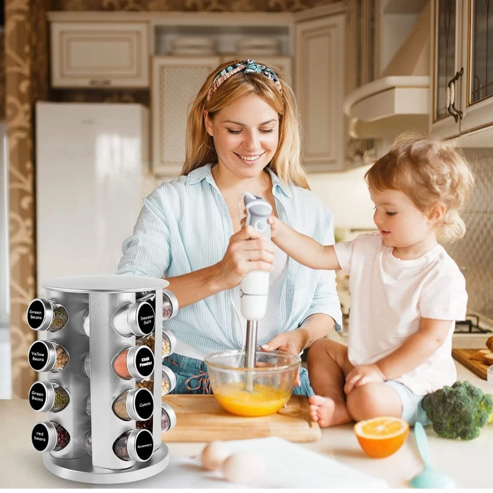 Organizador de condimentos para estante de especias de 16 tarros encimera giratoria soporte de acero inoxidable Foto 2 de 4