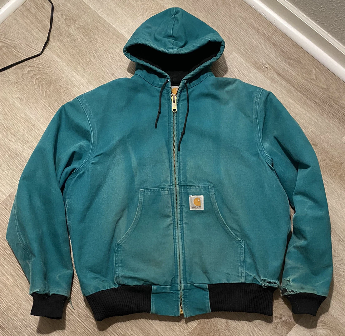 Vintage Hooded Carhartt Jacket Teal Quilted Lining Large Needs Zipper Repair  Union Made 