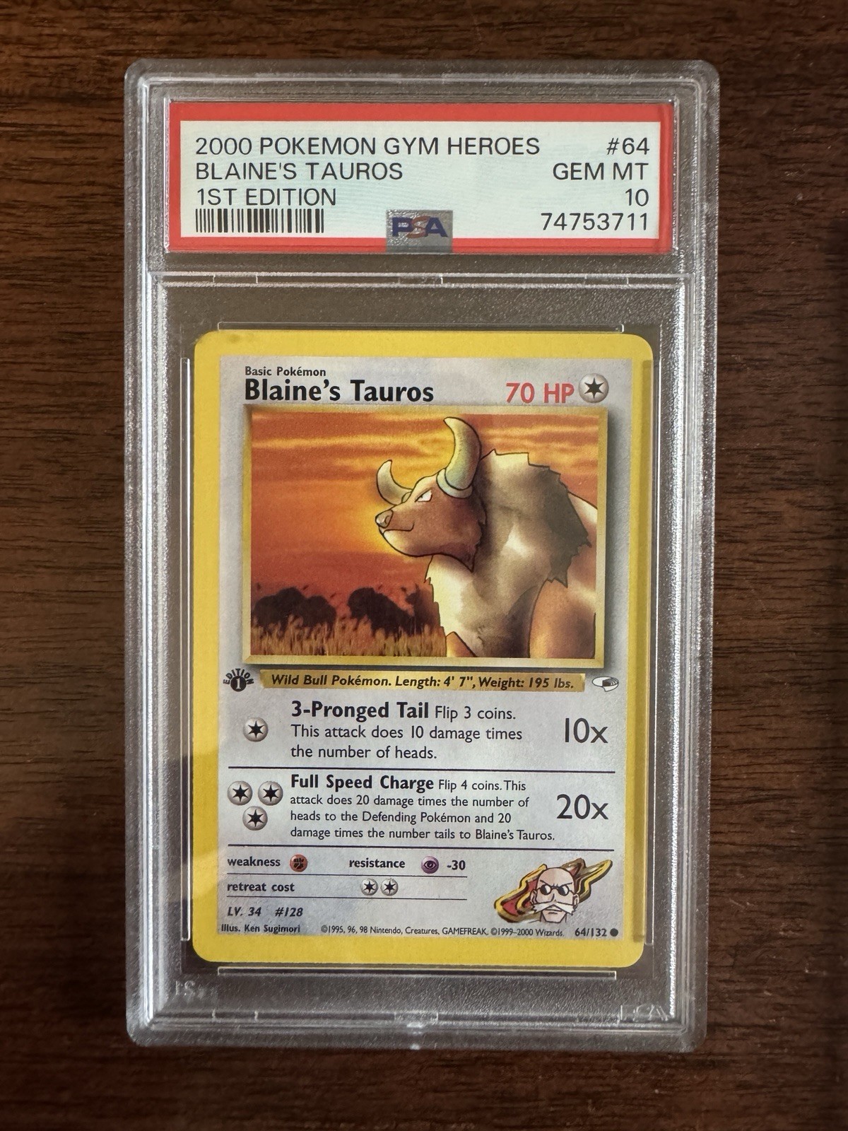 Pokemon Gym Heroes Blaine’s Tauros 1st Edition PSA 10 Rare #64