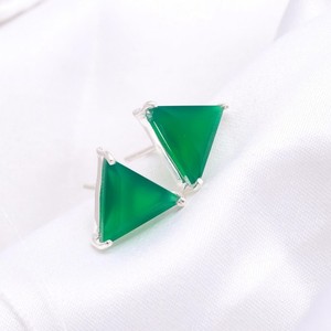 Authentic Natural Green Onyx Triangle Stud Earrings 925 Sterling Silver Minimalist Jewelry