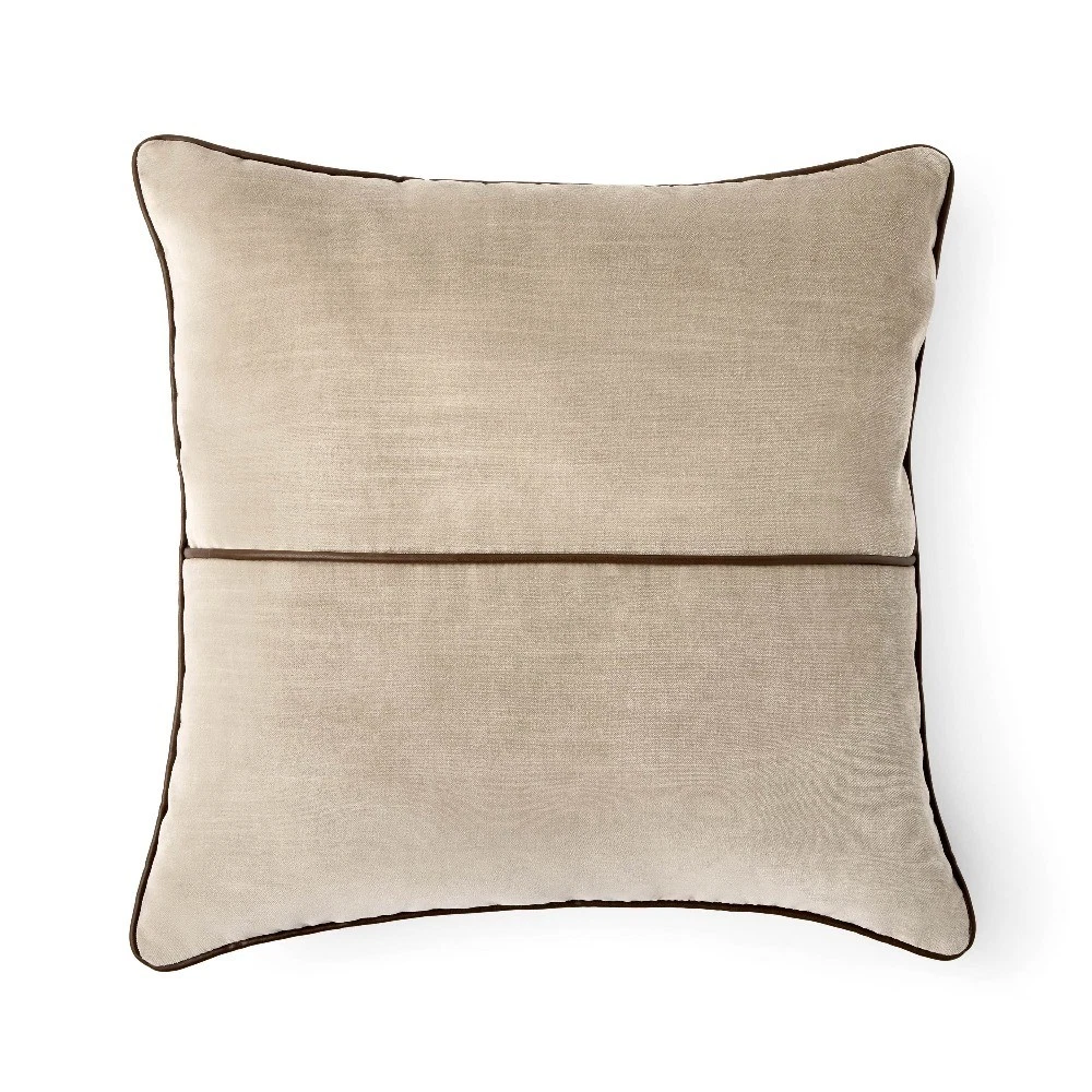 18 x 18 Beige Velvet Decorative Pillow with Faux Leather Trim, Polyester