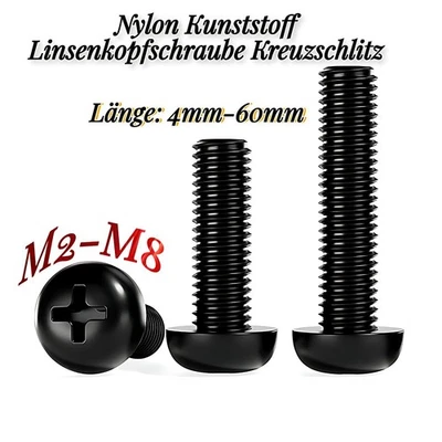 M2 M2.5 M3 M4 M5 M6 M8 Nylon Kunststoff Linsenkopfschraube Kreuzschlitz Schwarz - Bild 1 von 4