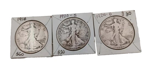 Set of 3 Walking Liberty Half Dollars 1916, 1920-S, and 1929-D