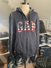 Gap Women s Blue Full Zip Hoodie USA Flag Embroidered Logo Hooded Cotton Blend