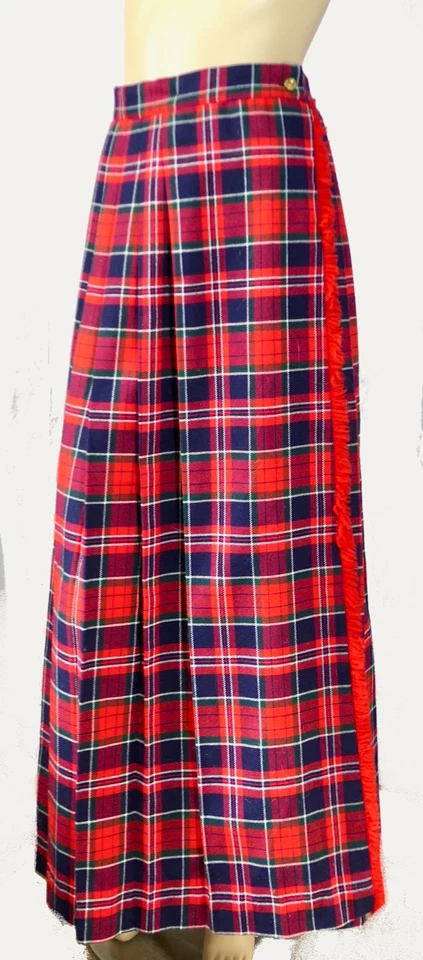 70s Vintage Wool Tartan Red Plaid Mod Fringe Pleated Wrap Around Maxi Skirt Sz S - Image 2 of 4