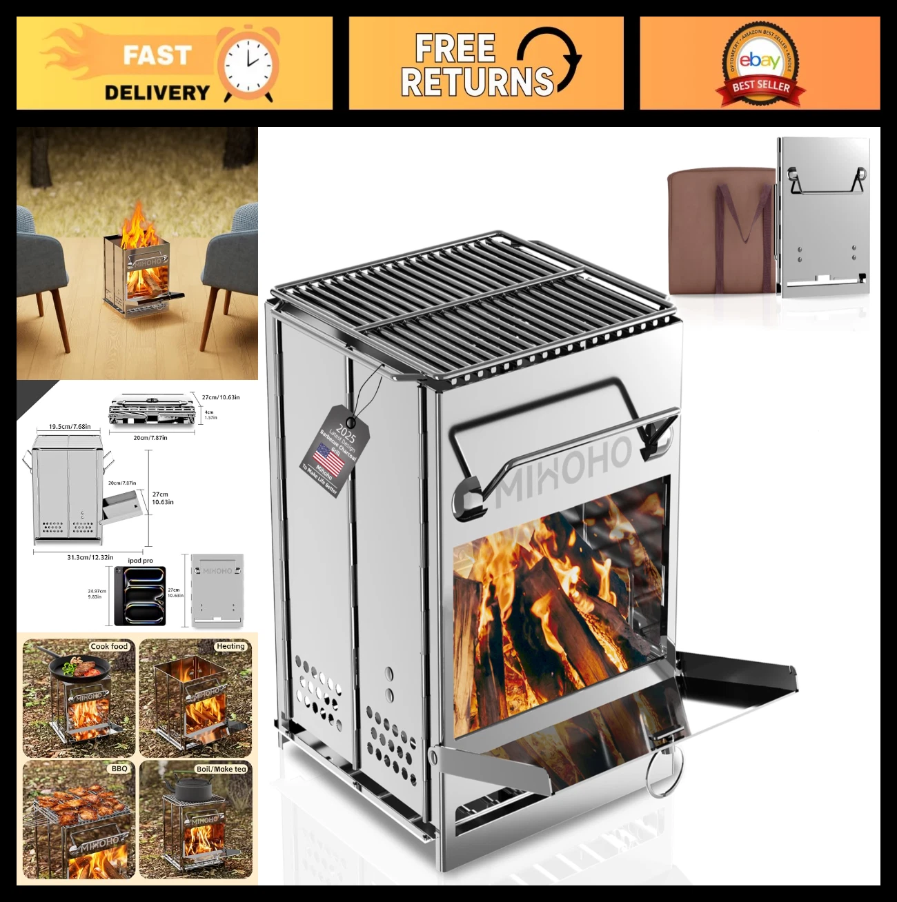 Portable Stainless Steel Charcoal Grill - Foldable BBQ for Camping, Picnic & Out